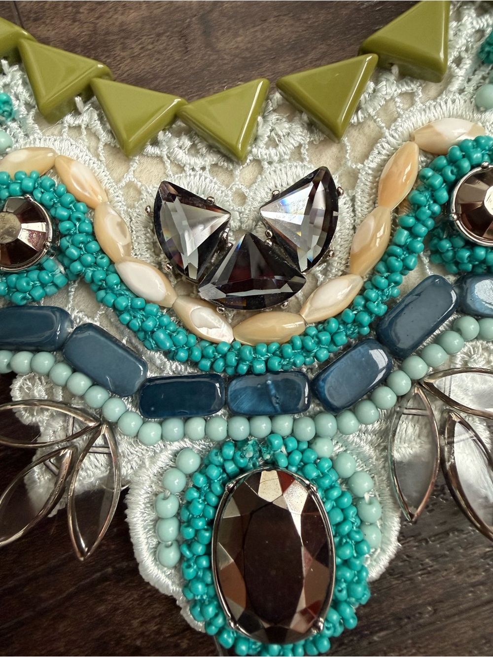 Statement Bib Necklace Beaded Rhinestone Lace Collar Turquoise Boho Festival Y2K - Picture 2 of 6